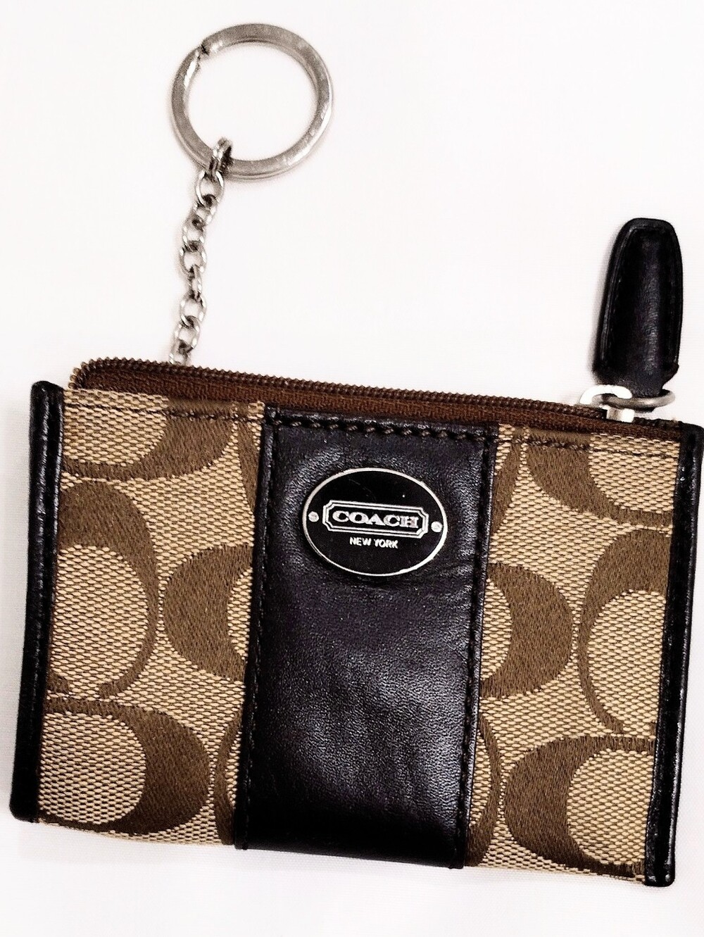 Coach Brown Signature Canvas & Dark Brown Leather Key Card Pouch
